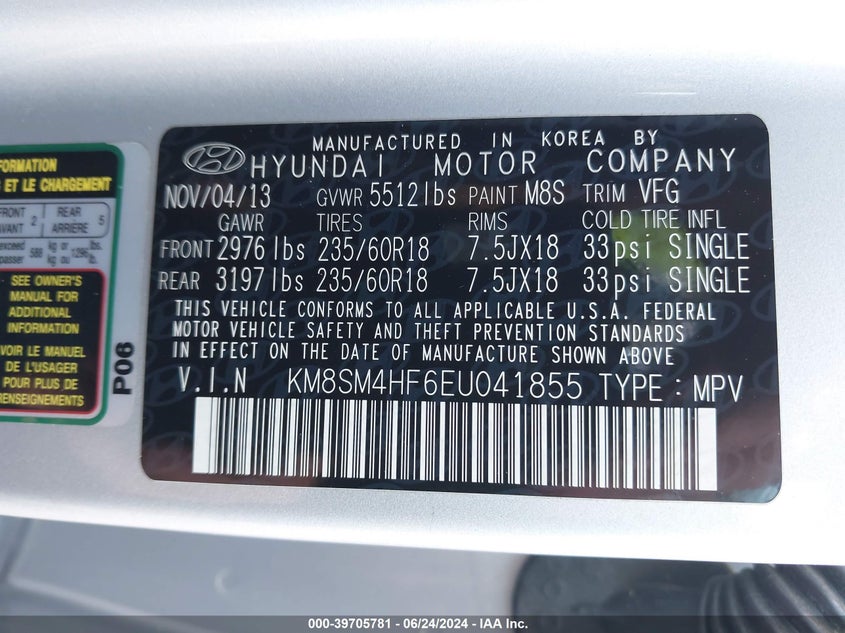 2014 Hyundai Santa Fe Gls VIN: KM8SM4HF6EU041855 Lot: 39705781