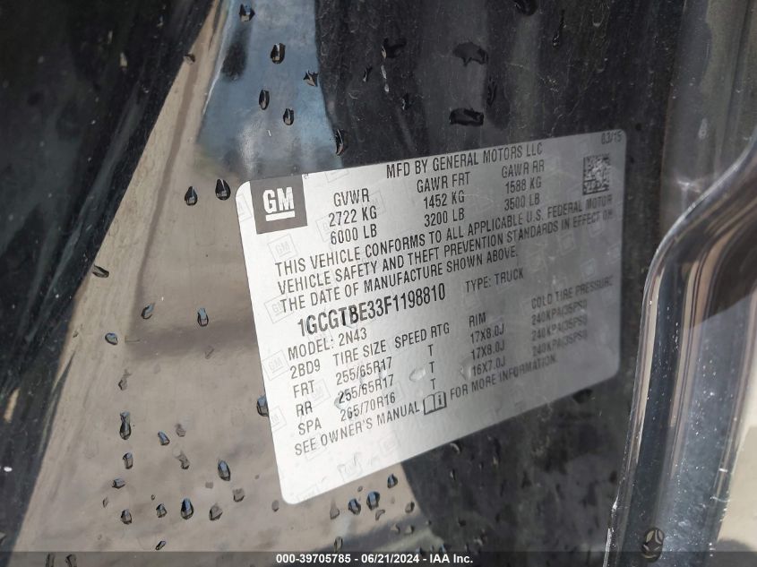 2015 Chevrolet Colorado Lt VIN: 1GCGTBE33F1198810 Lot: 39705785