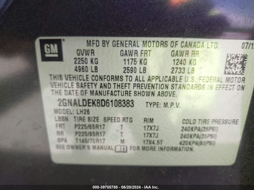 2013 Chevrolet Equinox 1Lt VIN: 2GNALDEK8D6108383 Lot: 39705788