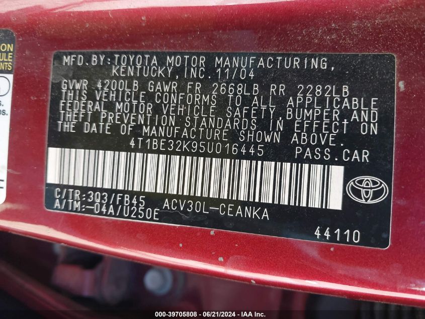 2005 Toyota Camry Le/Xle/Se VIN: 4T1BE32K95U016445 Lot: 39705808