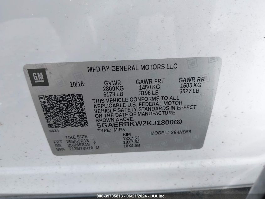 2019 Buick Enclave Fwd Essence VIN: 5GAERBKW2KJ180069 Lot: 39705813