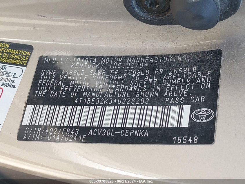 2004 Toyota Camry Le/Xle/Se VIN: 4T1BE32K34U326203 Lot: 39705826