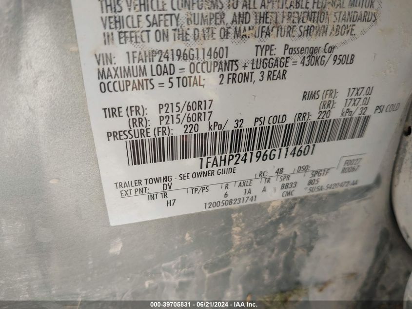 2006 Ford Five Hundred Sel VIN: 1FAHP24196G114601 Lot: 39705831