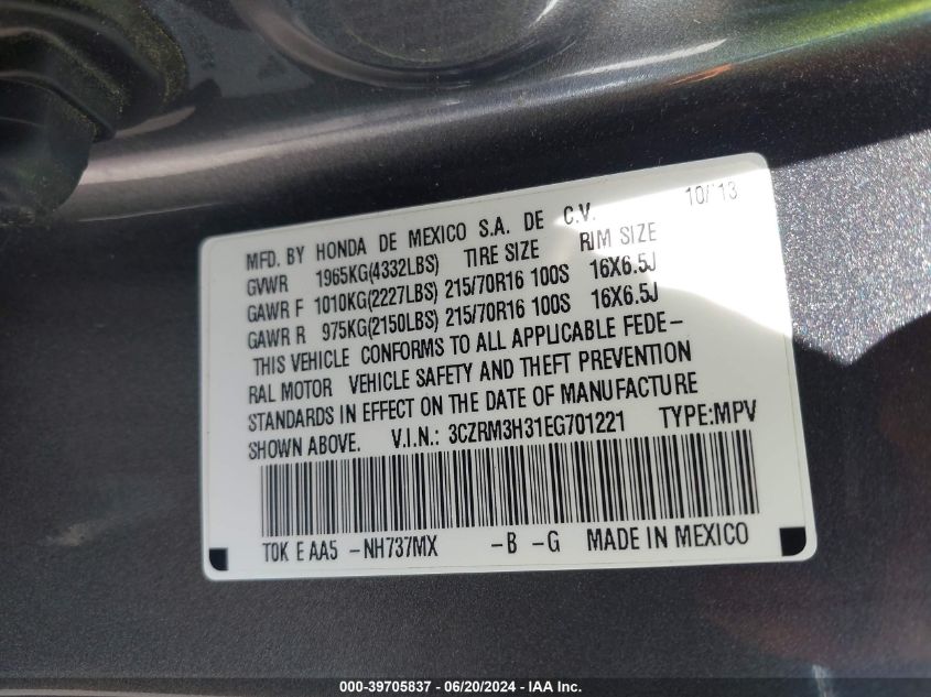 2014 Honda Cr-V Lx VIN: 3CZRM3H31EG701221 Lot: 39705837