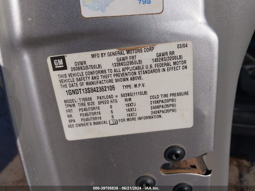 2004 Chevrolet Trailblazer Ls VIN: 1GNDT13S842362106 Lot: 39705838