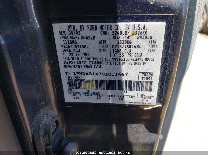 1995 Ford Aerostar VIN: 1FMDA31X7SZC13467 Lot: 39705850