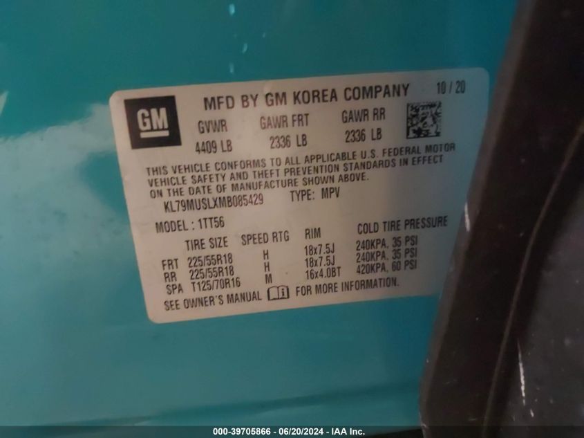 2021 Chevrolet Trailblazer Rs VIN: KL79MUSLXMB085429 Lot: 39705866