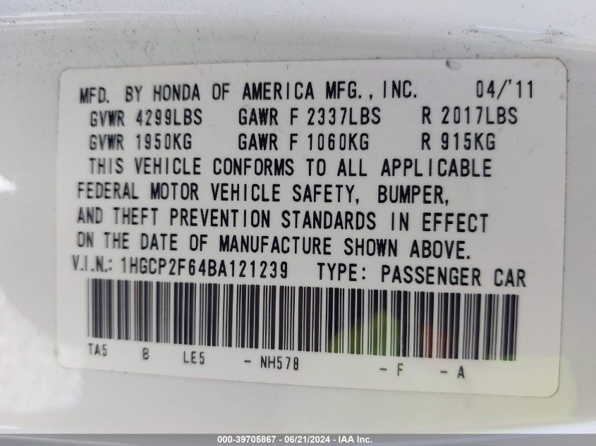 2011 Honda Accord Se VIN: 1HGCP2F64BA121239 Lot: 39705867
