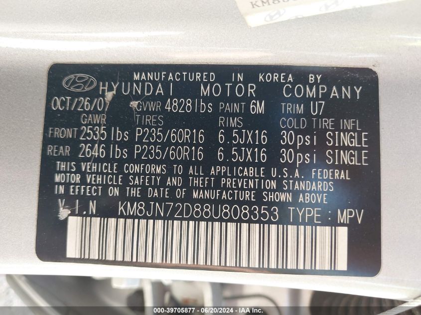 2008 Hyundai Tucson Se/Limited VIN: KM8JN72D88U808353 Lot: 39705877