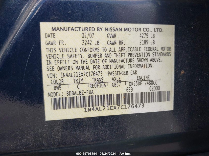 2007 Nissan Altima 2.5 S VIN: 1N4AL21EX7C176473 Lot: 39705894
