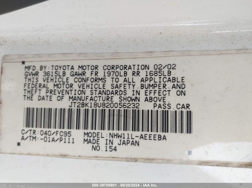 2002 Toyota Prius VIN: JT2BK18U820056232 Lot: 39705901