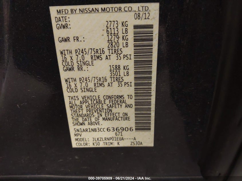 2012 Nissan Pathfinder S VIN: 5N1AR1NB3CC636906 Lot: 39705909