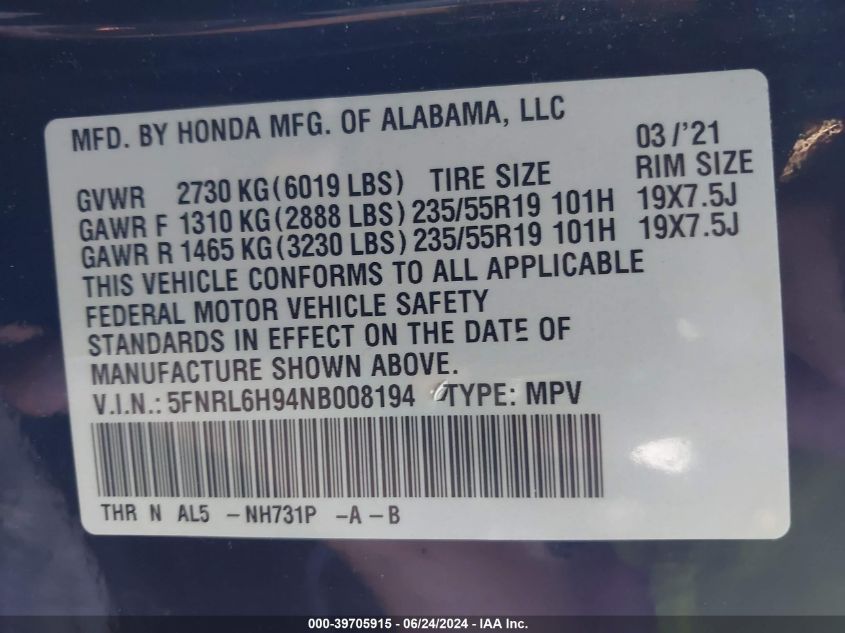 2022 Honda Odyssey Elite VIN: 5FNRL6H94NB008194 Lot: 39705915