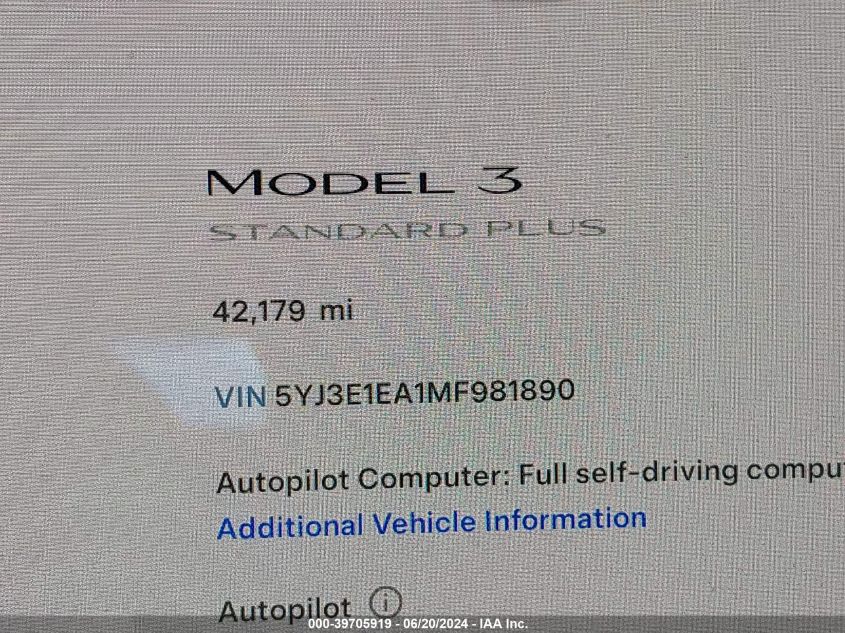 2021 Tesla Model 3 Standard Range Plus Rear-Wheel Drive VIN: 5YJ3E1EA1MF981890 Lot: 39705919