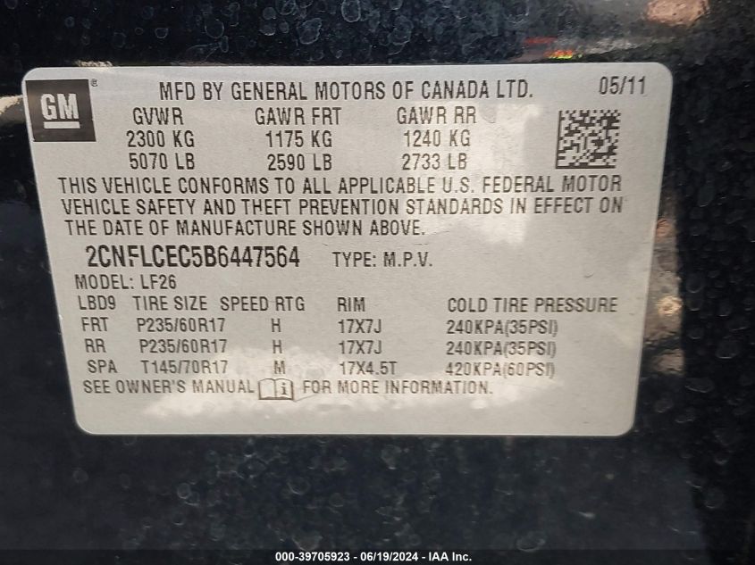 2011 Chevrolet Equinox Ls VIN: 2CNFLCEC5B6447564 Lot: 39705923