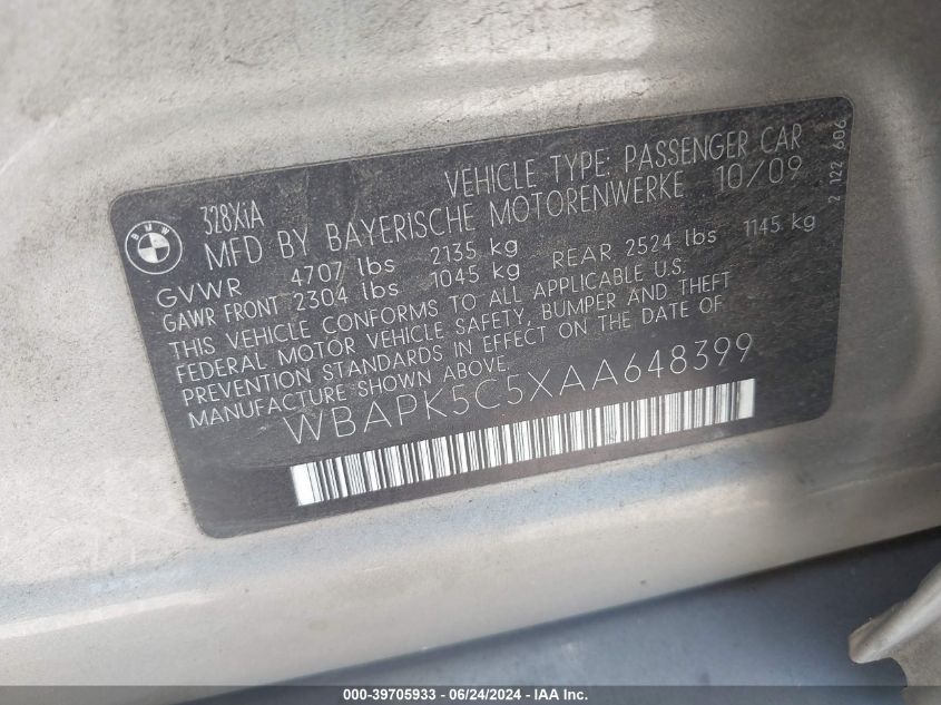 2010 BMW 328I xDrive VIN: WBAPK5C5XAA648399 Lot: 39705933