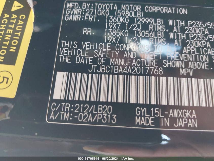 2010 Lexus Rx 450H VIN: JTJBC1BA4A2017768 Lot: 39705945