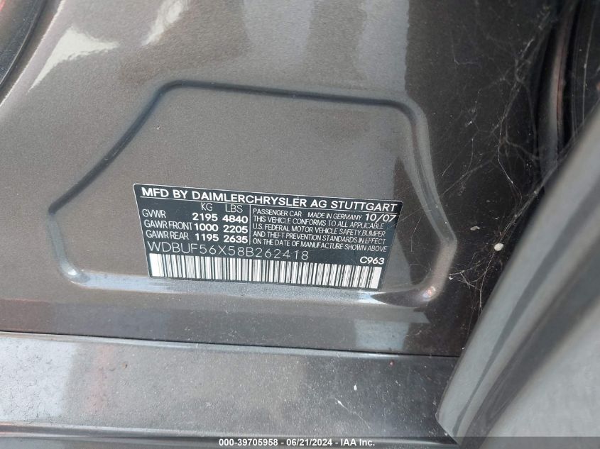 2008 Mercedes-Benz E 350 VIN: WDBUF56X58B262418 Lot: 39705958