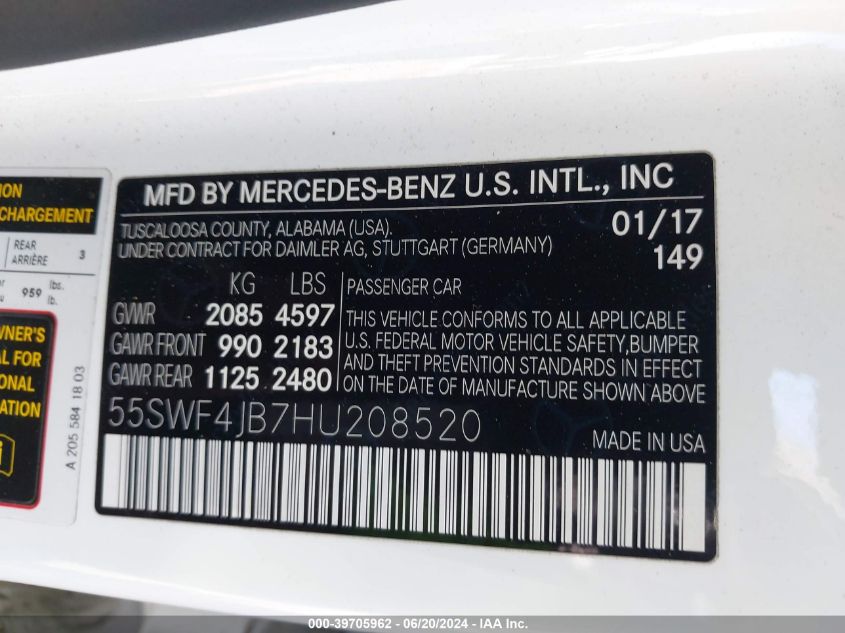 2017 Mercedes-Benz C 300 Luxury/Sport VIN: 55SWF4JB7HU208520 Lot: 39705962