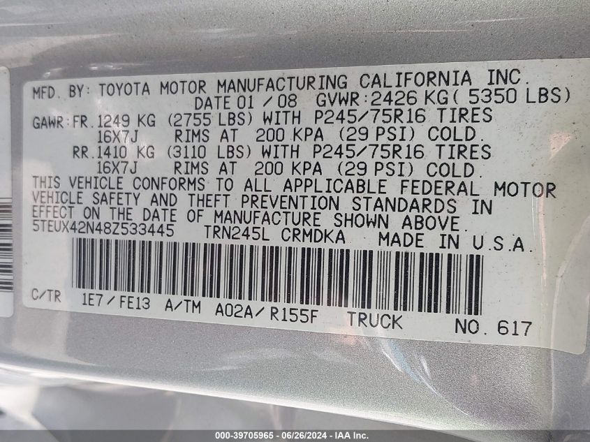2008 Toyota Tacoma VIN: 5TEUX42N48Z533445 Lot: 39705965