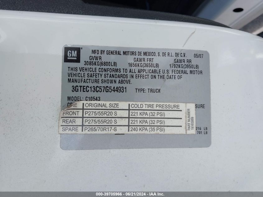 2007 GMC New Sierra C1500 VIN: 3GTEC13C57G544931 Lot: 39705966