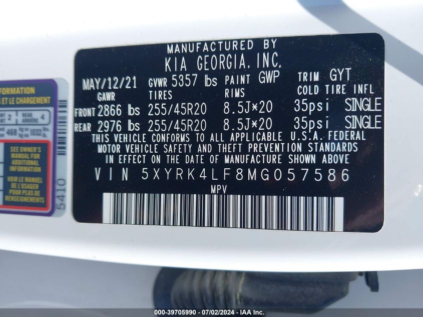 2021 Kia Sorento Sx Prestige VIN: 5XYRK4LF8MG057586 Lot: 39705990