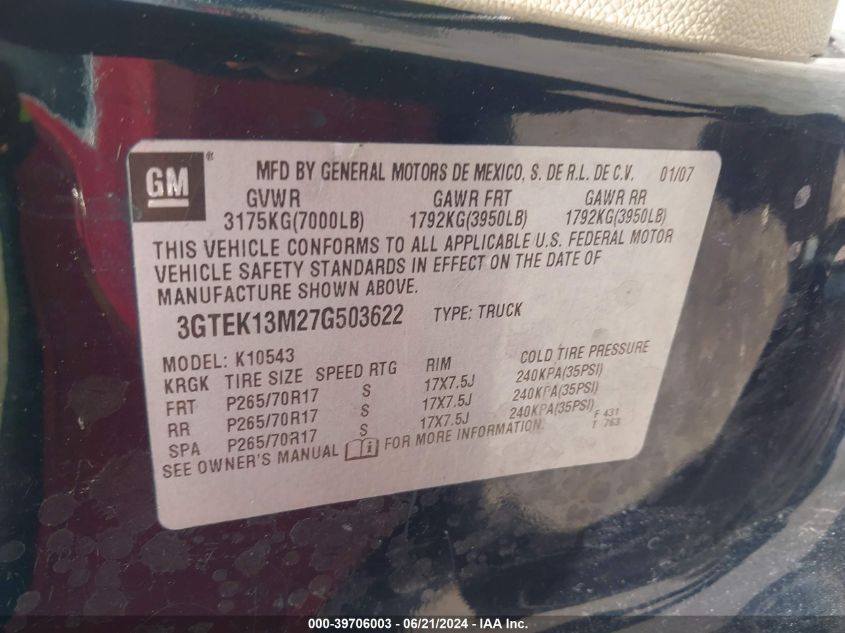 2007 GMC New Sierra K1500 VIN: 3GTEK13M27G503622 Lot: 39706003