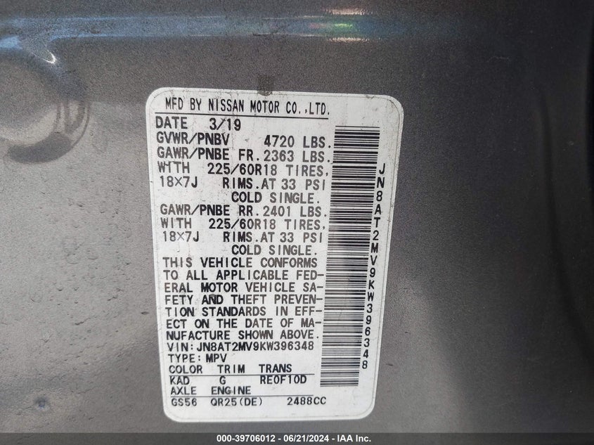 2019 NISSAN ROGUE SV - JN8AT2MV9KW396348