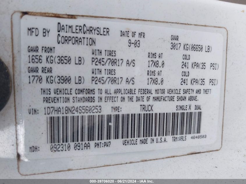 2004 Dodge Ram 1500 Slt/Laramie VIN: 1D7HA18N24S560253 Lot: 39706020