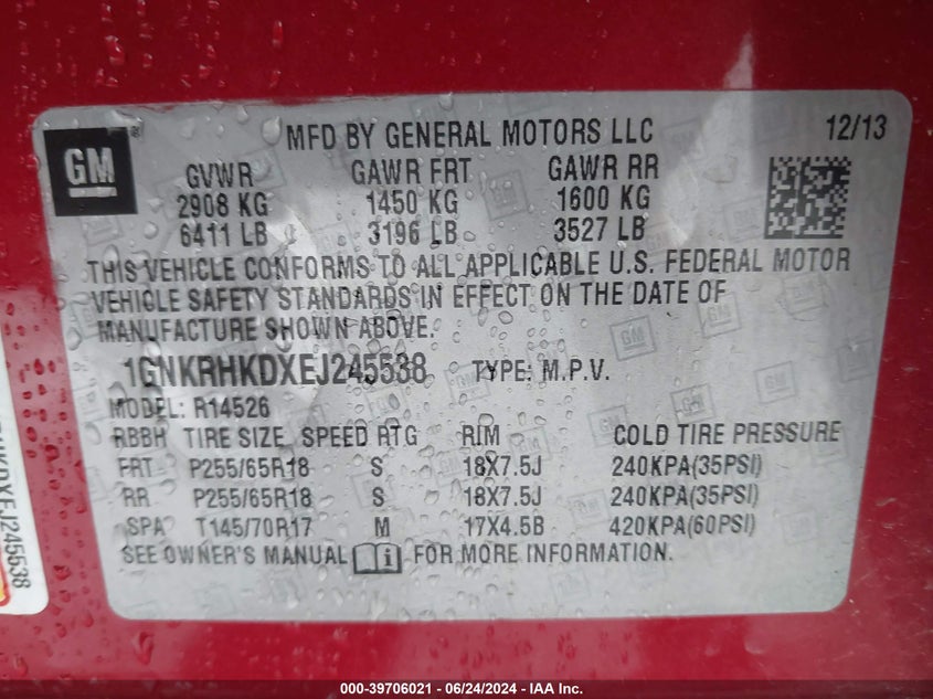 2014 Chevrolet Traverse 2Lt VIN: 1GNKRHKDXEJ245538 Lot: 39706021