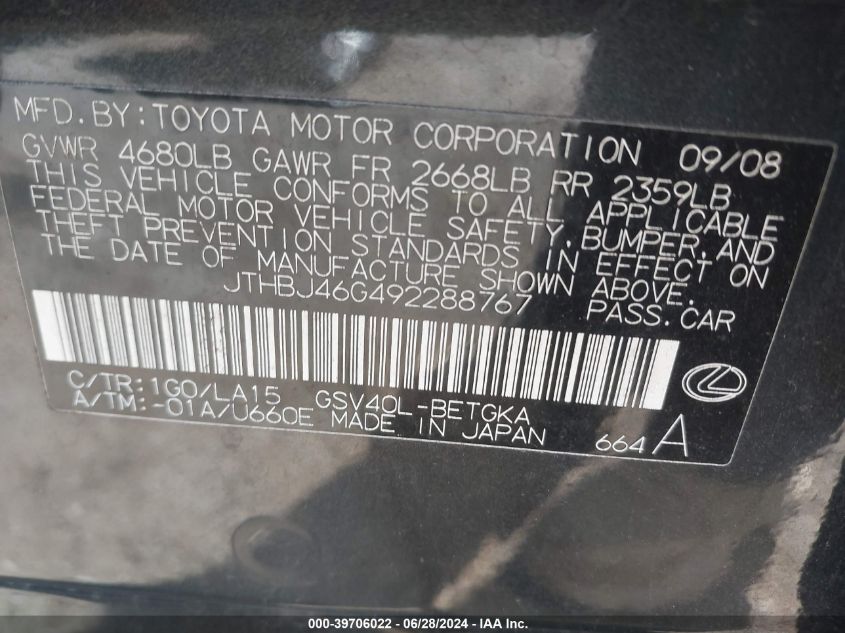 2009 Lexus Es 350 350 VIN: JTHBJ46G492288767 Lot: 39706022