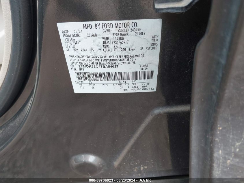 2007 Ford Edge Sel VIN: 2FMDK38C47BA54627 Lot: 39706023