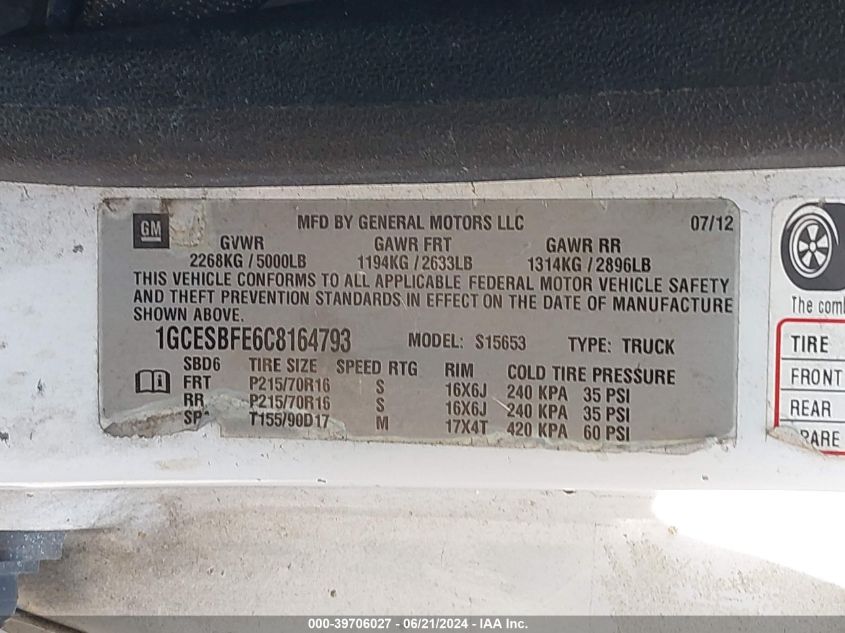 2012 Chevrolet Colorado Work Truck VIN: 1GCESBFE6C8164793 Lot: 39706027