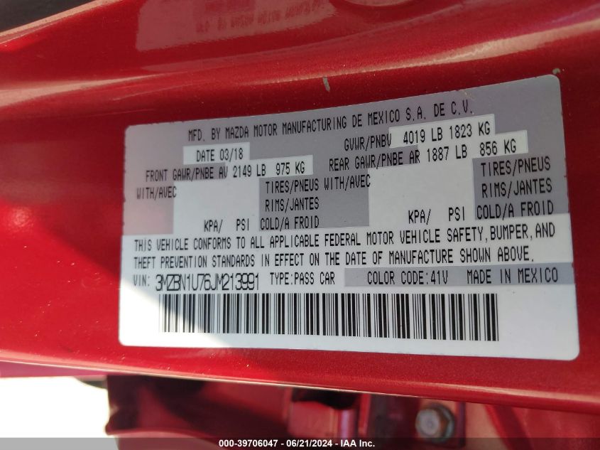 2018 Mazda Mazda3 Sport VIN: 3MZBN1U76JM213991 Lot: 39706047