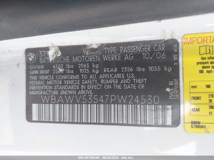 2007 BMW 328Xi VIN: WBAWV53547PW24530 Lot: 39706049