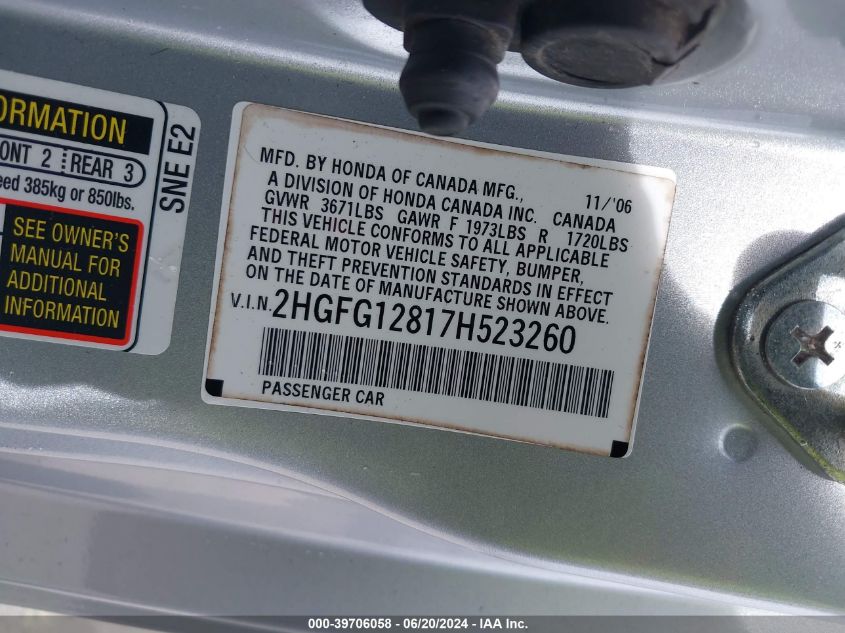 2007 Honda Civic Ex VIN: 2HGFG12817H523260 Lot: 39706058
