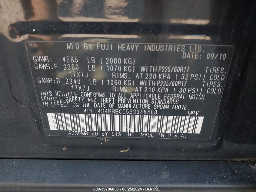 2011 Subaru Outback 2.5I Premium VIN: 4S4BRBCC5B3348468 Lot: 39706059