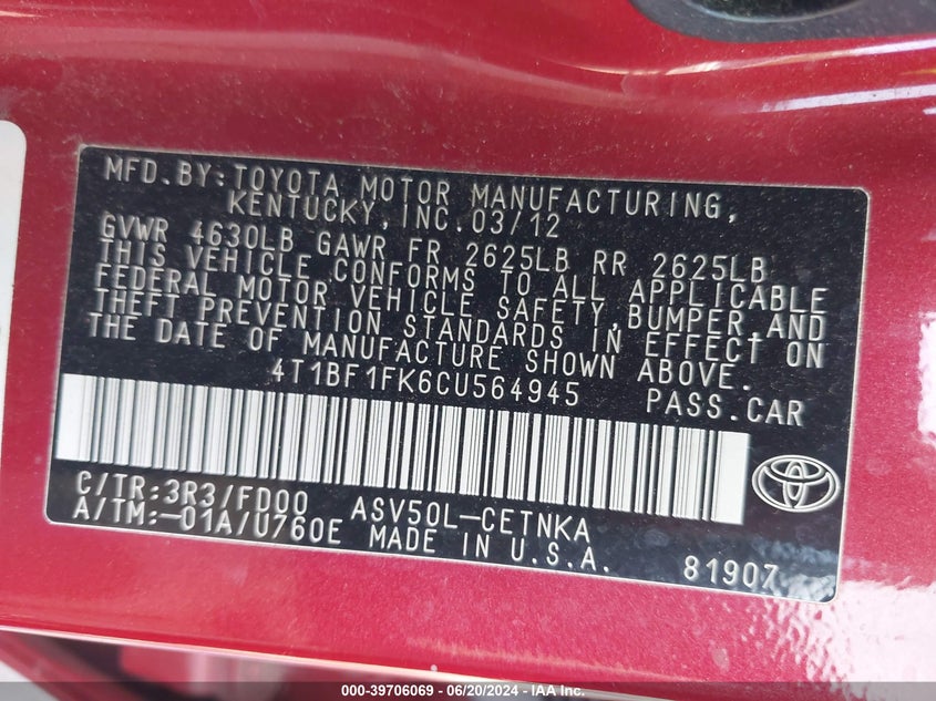 2012 Toyota Camry Le VIN: 4T1BF1FK6CU564945 Lot: 39706069