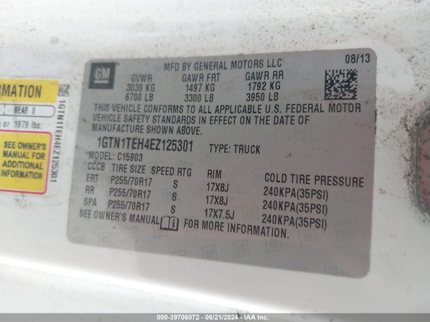 2014 GMC Sierra 1500 C1500 VIN: 1GTN1TEH4EZ125301 Lot: 39706072