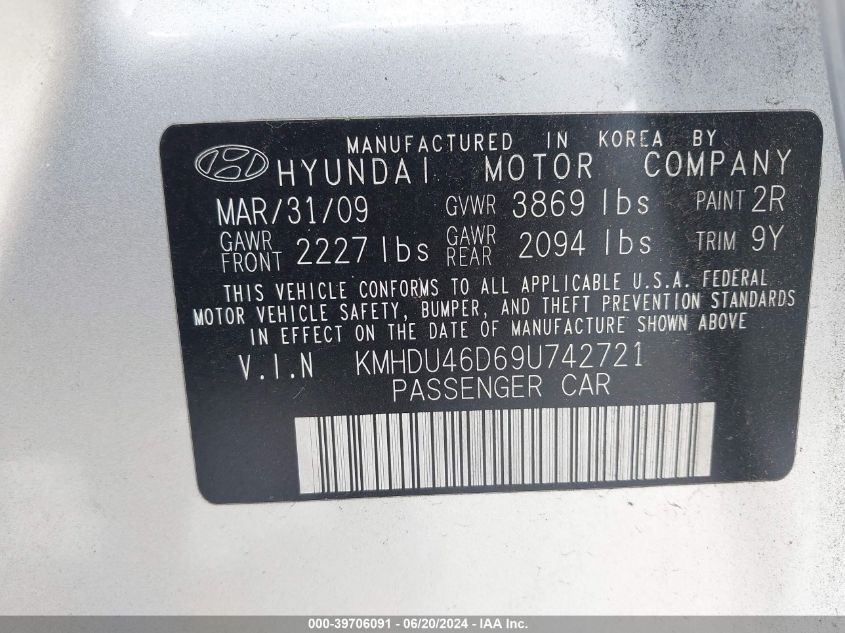 KMHDU46D69U742721 2009 Hyundai Elantra Gls/Se