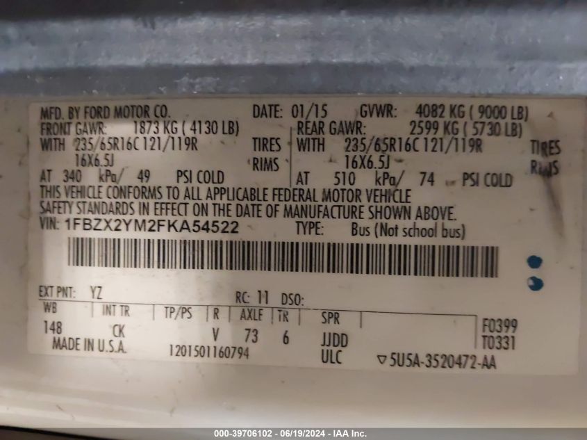 2015 Ford Transit-350 Xlt VIN: 1FBZX2YM2FKA54522 Lot: 39706102