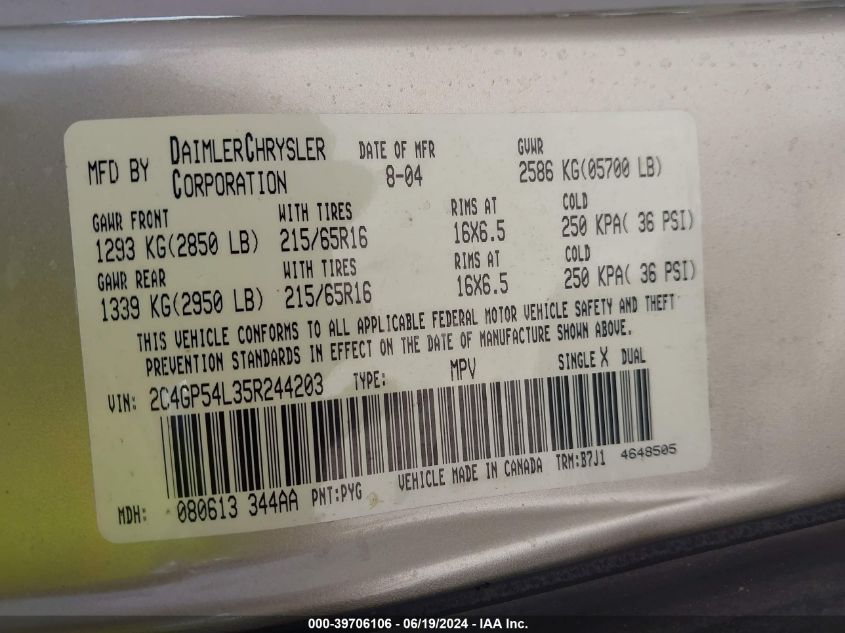 2005 Chrysler Town & Country Touring VIN: 2C4GP54L35R244203 Lot: 39706106