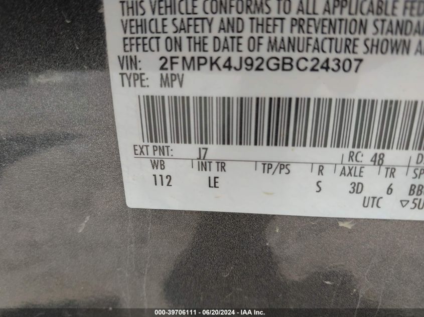 2016 Ford Edge Sel VIN: 2FMPK4J92GBC24307 Lot: 39706111