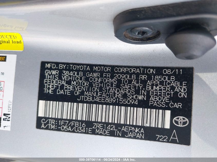 2011 Toyota Corolla Le VIN: JTDBU4EE8B9155094 Lot: 39706114