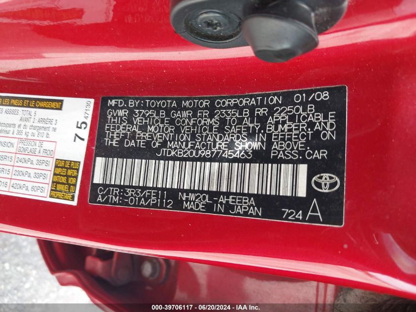 2008 Toyota Prius VIN: JTDKB20U987745463 Lot: 39706117