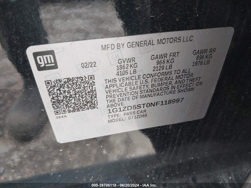 2022 Chevrolet Malibu Fwd Lt VIN: 1G1ZD5ST0NF118997 Lot: 39706118