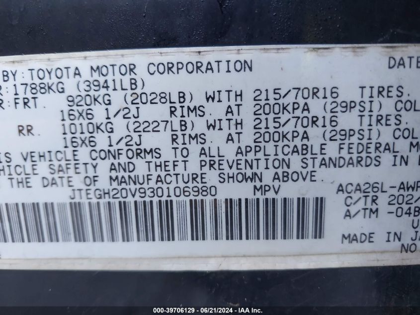 2003 Toyota Rav4 VIN: JTEGH20V930106980 Lot: 39706129