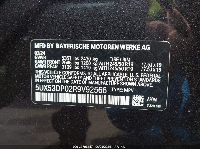 2024 BMW X3 xDrive30I VIN: 5UX53DP02R9V92566 Lot: 39706147