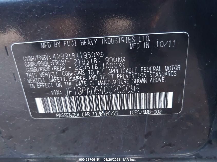 2012 Subaru Impreza Premium VIN: JF1GPAD64CG202095 Lot: 39706151