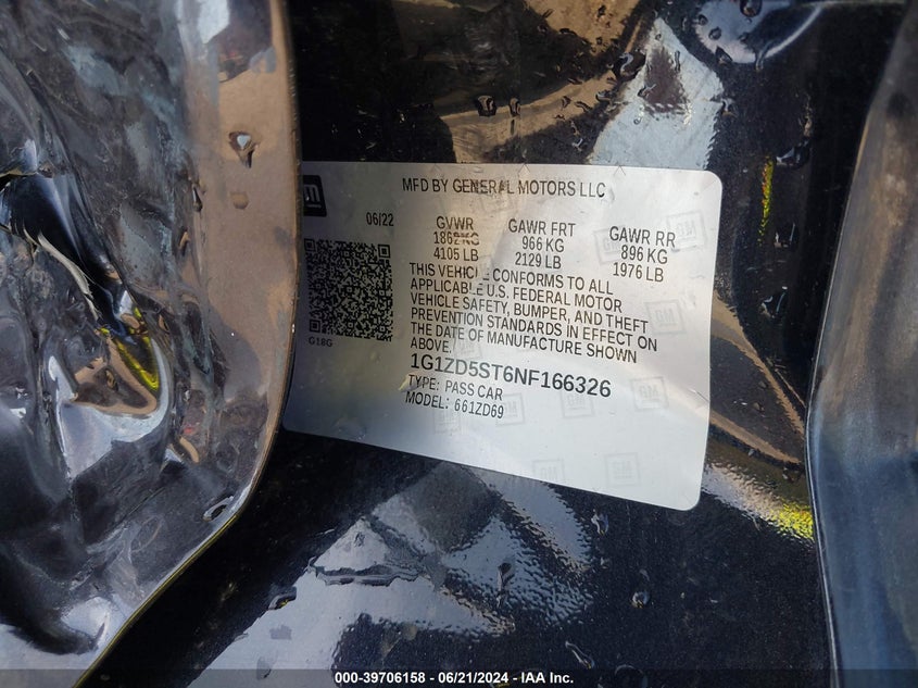 2022 Chevrolet Malibu Fwd Lt VIN: 1G1ZD5ST6NF166326 Lot: 39706158